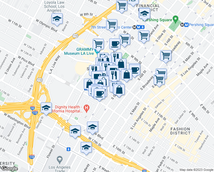 map of restaurants, bars, coffee shops, grocery stores, and more near 1137 South Grand Avenue in Los Angeles