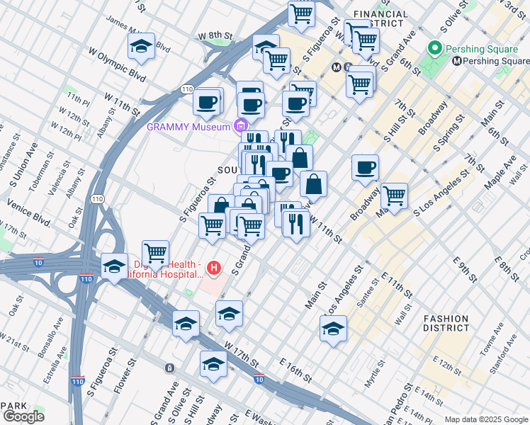 map of restaurants, bars, coffee shops, grocery stores, and more near 1155 South Grand Avenue in Los Angeles
