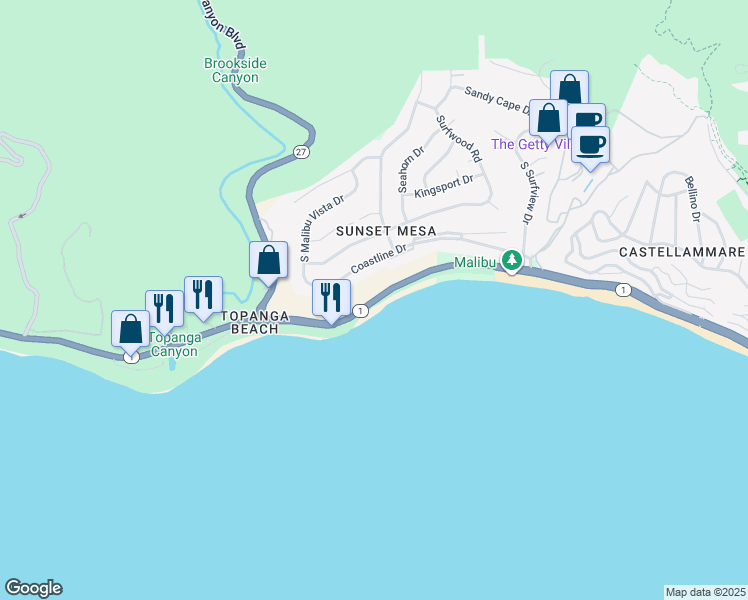 map of restaurants, bars, coffee shops, grocery stores, and more near 18429 Pacific Coast Highway in Malibu