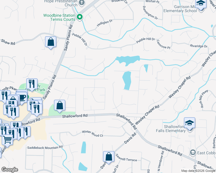 map of restaurants, bars, coffee shops, grocery stores, and more near 3354 Woodrun Trail Northeast in Marietta
