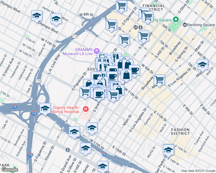 map of restaurants, bars, coffee shops, grocery stores, and more near 1137 South Grand Avenue in Los Angeles