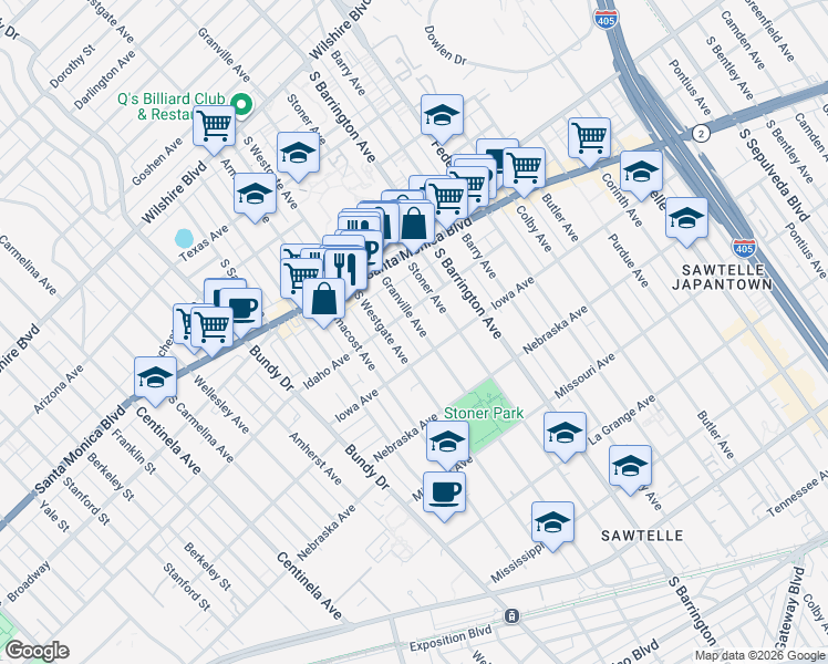 map of restaurants, bars, coffee shops, grocery stores, and more near 1625 Granville Avenue in Los Angeles