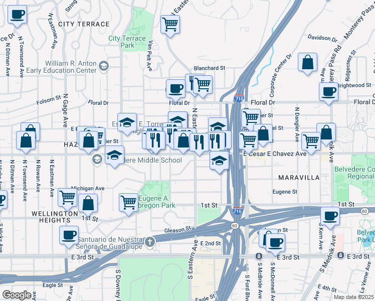 map of restaurants, bars, coffee shops, grocery stores, and more near 4237 East Cesar E Chavez Avenue in Los Angeles
