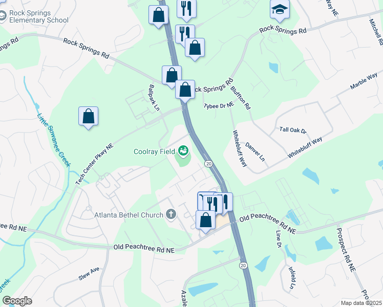 map of restaurants, bars, coffee shops, grocery stores, and more near 44 Braves Avenue in Lawrenceville