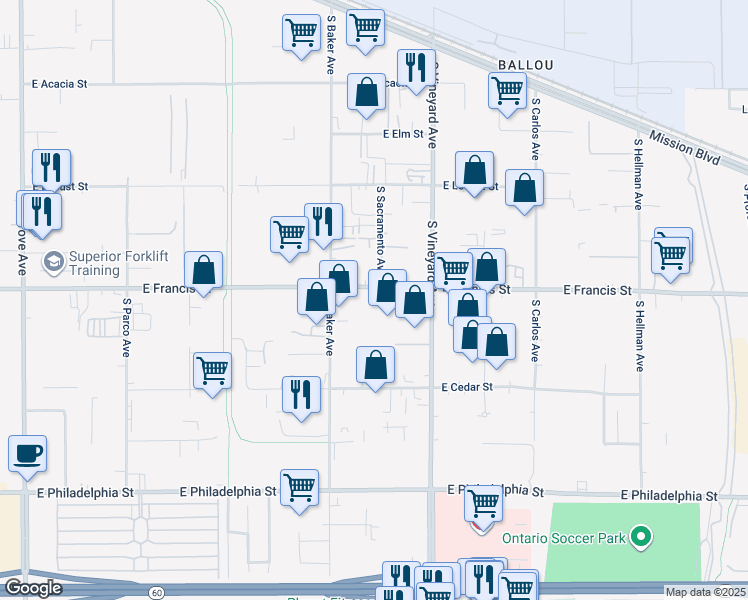 map of restaurants, bars, coffee shops, grocery stores, and more near 1736 East Francis Street in Ontario