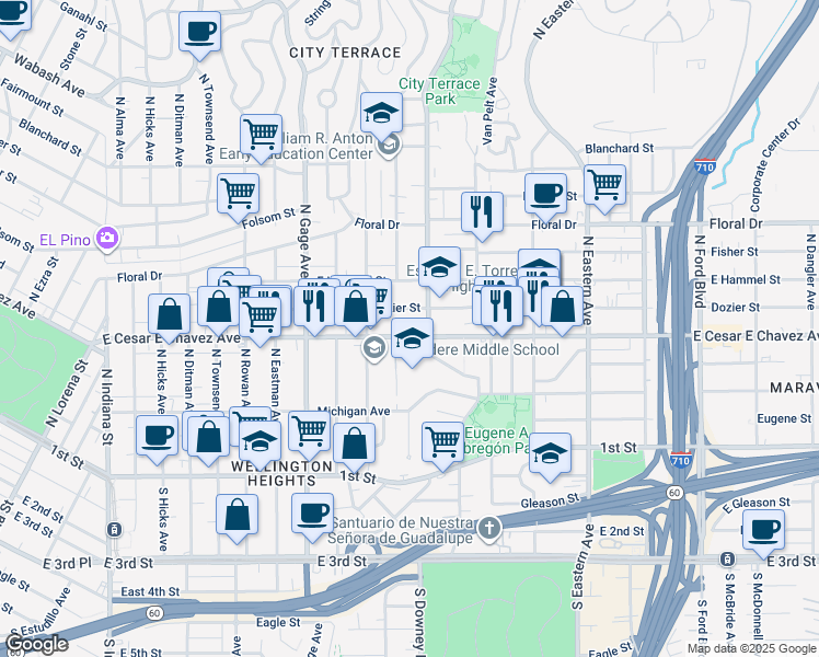 map of restaurants, bars, coffee shops, grocery stores, and more near 3951 East Cesar E Chavez Avenue in Los Angeles