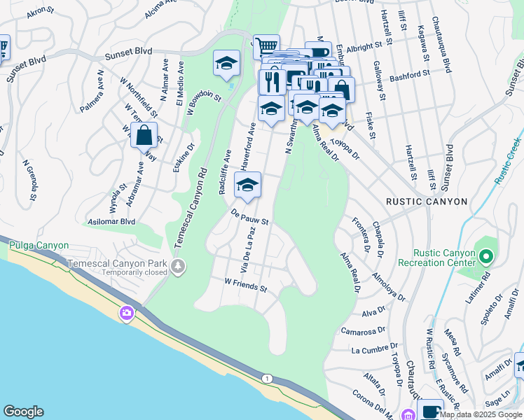 map of restaurants, bars, coffee shops, grocery stores, and more near 616 Vía De La Paz in Los Angeles