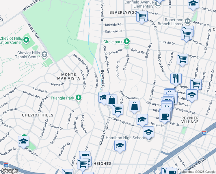 map of restaurants, bars, coffee shops, grocery stores, and more near 2501 Castle Heights Avenue in Los Angeles