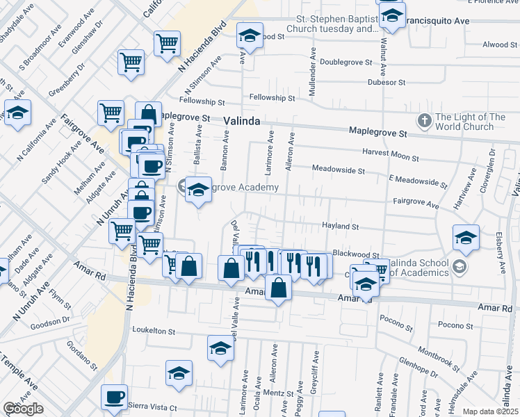 map of restaurants, bars, coffee shops, grocery stores, and more near 15727 Hayland Street in La Puente