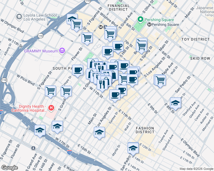 map of restaurants, bars, coffee shops, grocery stores, and more near 1001 South Broadway in Los Angeles