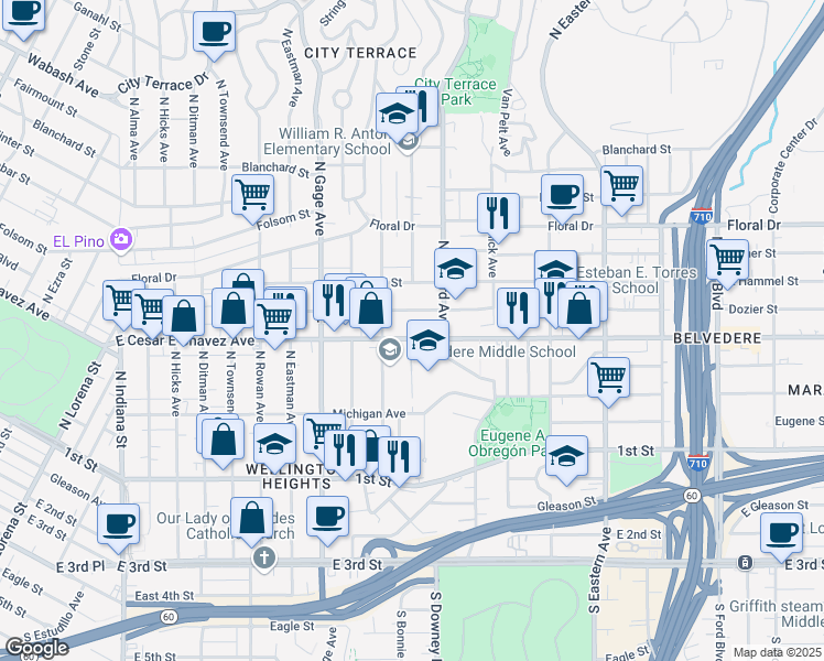 map of restaurants, bars, coffee shops, grocery stores, and more near 3935 East Cesar E Chavez Avenue in Los Angeles