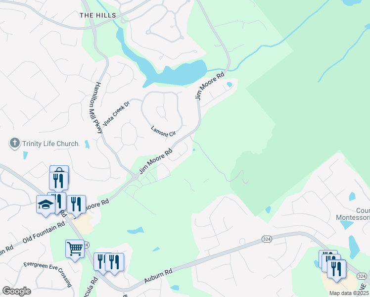 map of restaurants, bars, coffee shops, grocery stores, and more near 3386 Thimbleberry Trail in Dacula