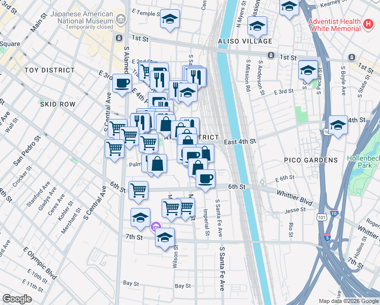 map of restaurants, bars, coffee shops, grocery stores, and more near 530 Mateo Street in Los Angeles
