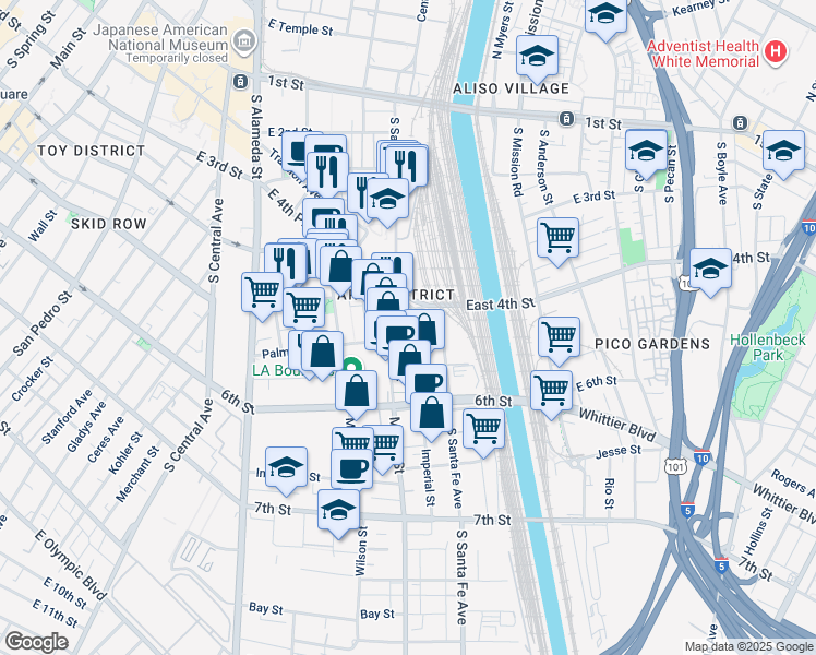 map of restaurants, bars, coffee shops, grocery stores, and more near South Santa Fe Avenue in Los Angeles