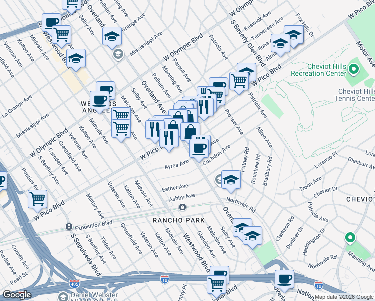 map of restaurants, bars, coffee shops, grocery stores, and more near 10655 Blythe Avenue in Los Angeles