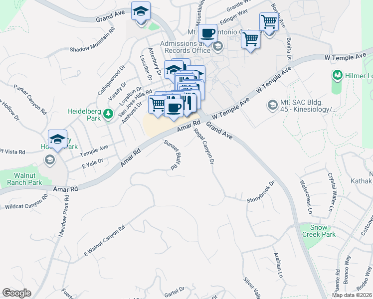 map of restaurants, bars, coffee shops, grocery stores, and more near 20800 Regency Court in Walnut