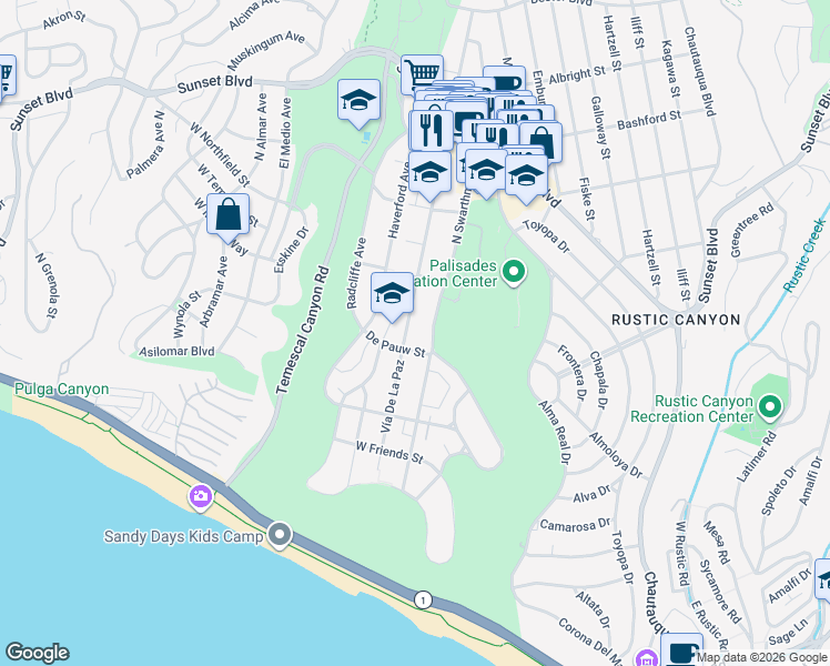 map of restaurants, bars, coffee shops, grocery stores, and more near 616 Vía De La Paz in Los Angeles