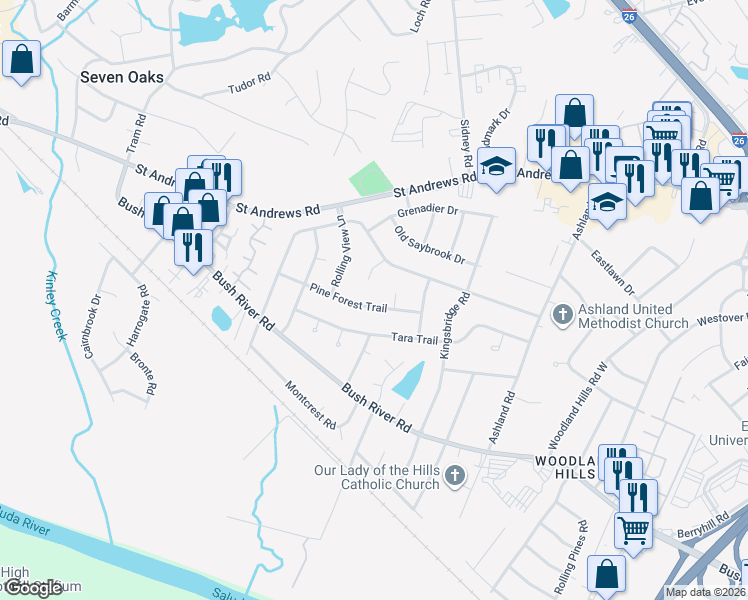 map of restaurants, bars, coffee shops, grocery stores, and more near 885 Pine Forest Trail Court in Columbia