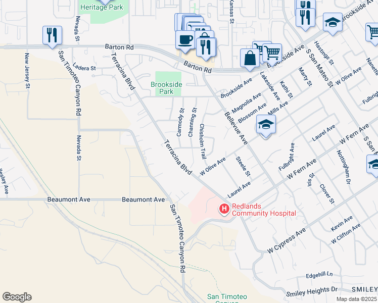 map of restaurants, bars, coffee shops, grocery stores, and more near 1625 Chelsea Avenue in Redlands