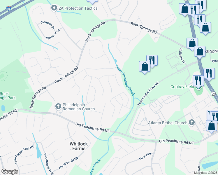 map of restaurants, bars, coffee shops, grocery stores, and more near 2744 Springfount Trail Northeast in Lawrenceville