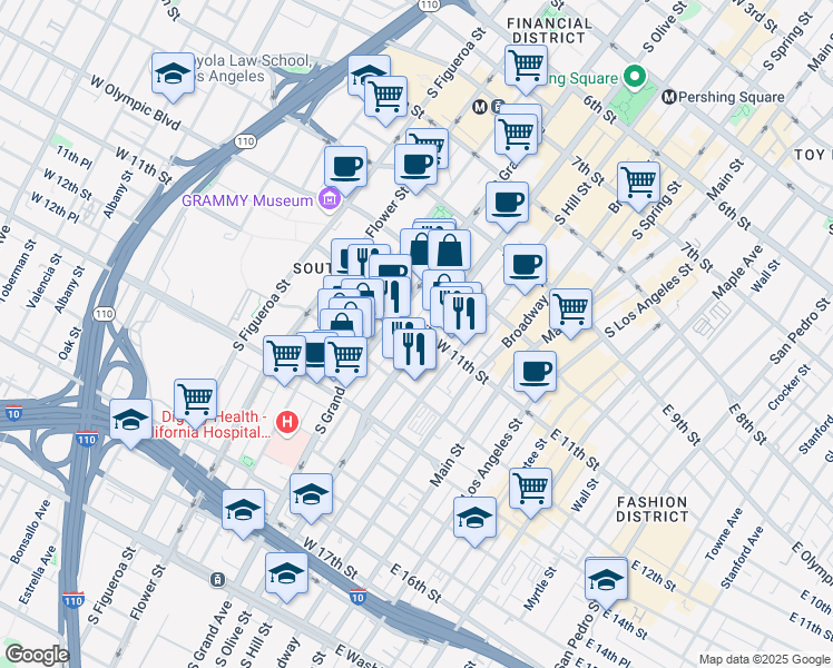map of restaurants, bars, coffee shops, grocery stores, and more near 1105 South Olive Street in Los Angeles