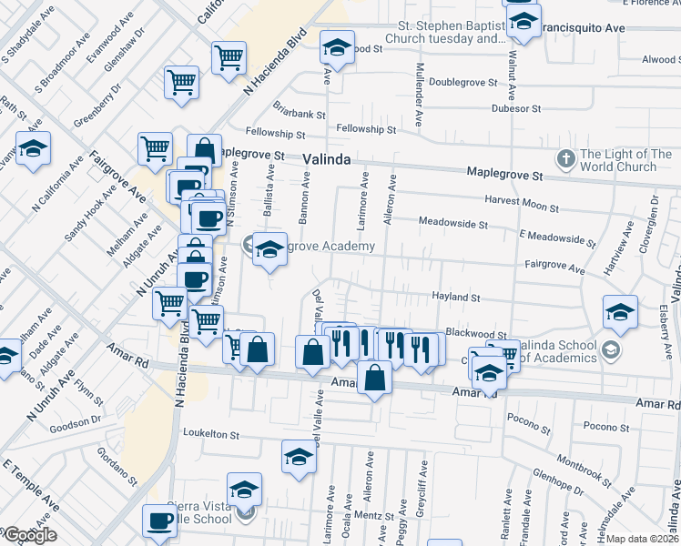 map of restaurants, bars, coffee shops, grocery stores, and more near 15713 Hayland Street in La Puente