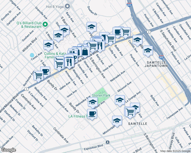 map of restaurants, bars, coffee shops, grocery stores, and more near Iowa Avenue in Los Angeles