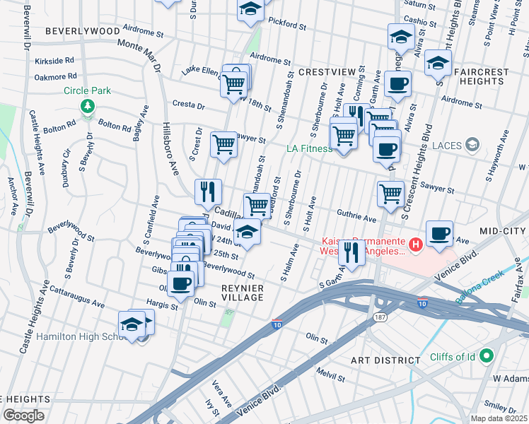 map of restaurants, bars, coffee shops, grocery stores, and more near 2025 South Bedford Street in Los Angeles
