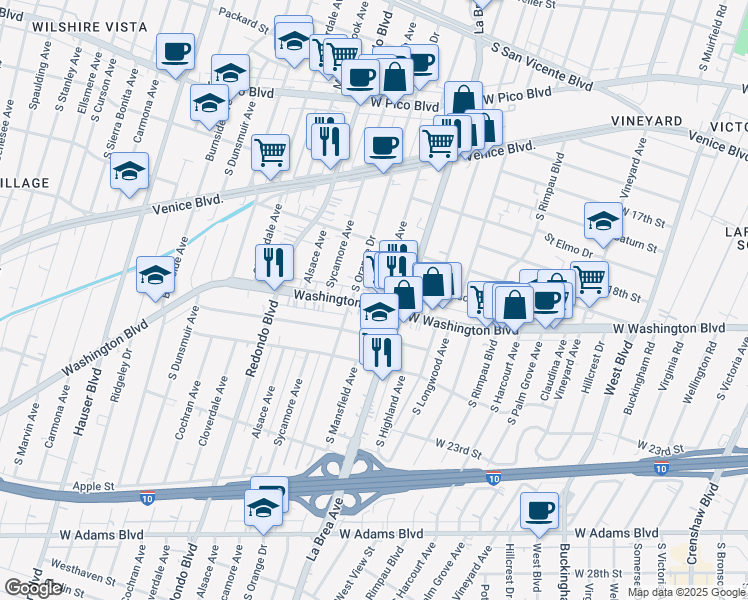 map of restaurants, bars, coffee shops, grocery stores, and more near 1863 South Mansfield Avenue in Los Angeles