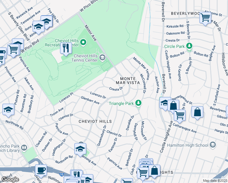 map of restaurants, bars, coffee shops, grocery stores, and more near 10262 Cresta Drive in Los Angeles