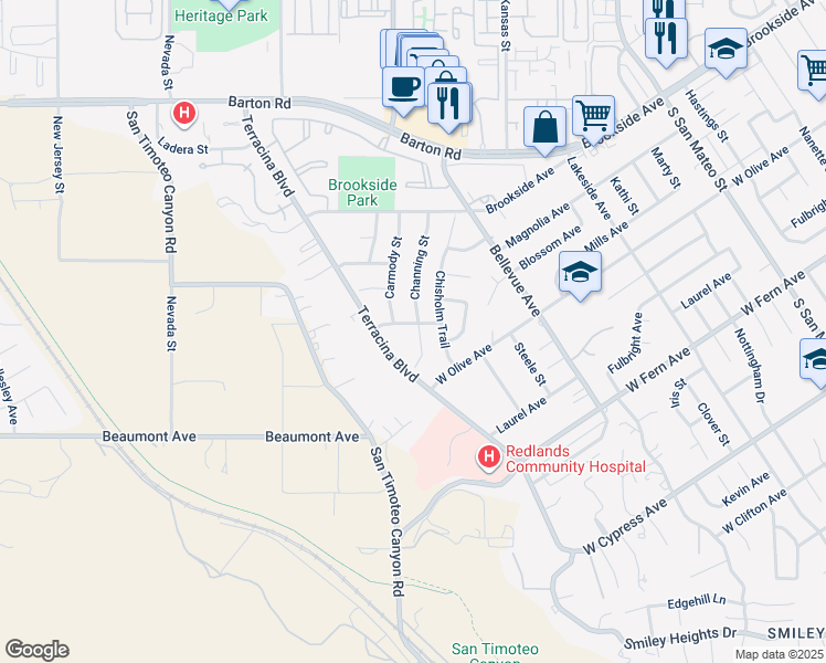 map of restaurants, bars, coffee shops, grocery stores, and more near 1625 Chelsea Avenue in Redlands