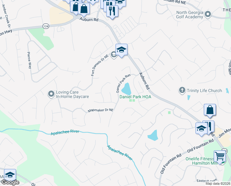 map of restaurants, bars, coffee shops, grocery stores, and more near 2815 Daniel Park Run in Dacula