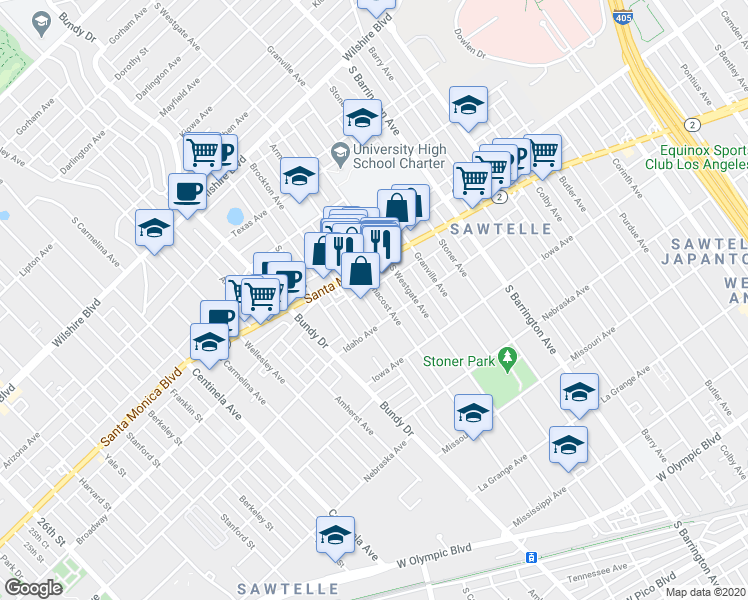 map of restaurants, bars, coffee shops, grocery stores, and more near 1535 Armacost Avenue in Los Angeles