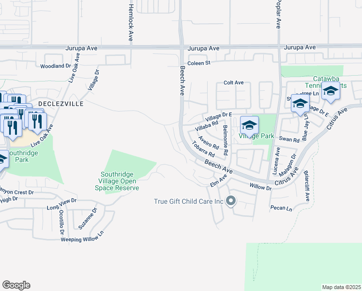 map of restaurants, bars, coffee shops, grocery stores, and more near 11645 Teaberry Court in Fontana
