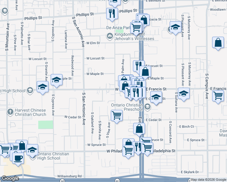 map of restaurants, bars, coffee shops, grocery stores, and more near 403 West Francis Street in Ontario