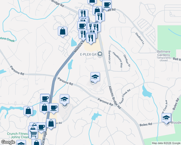 map of restaurants, bars, coffee shops, grocery stores, and more near 385 Abbotts Mill Drive in Duluth