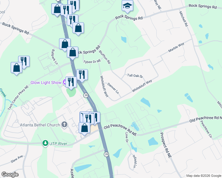 map of restaurants, bars, coffee shops, grocery stores, and more near 2454 Danver Ln in Buford