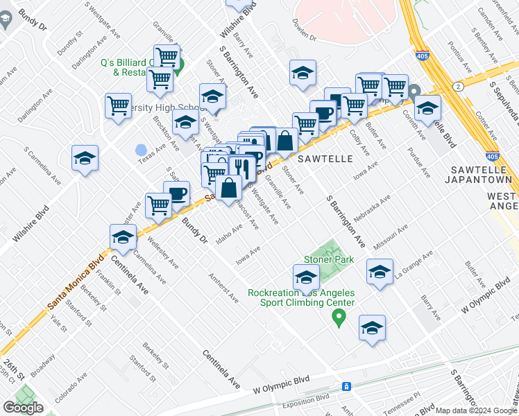 map of restaurants, bars, coffee shops, grocery stores, and more near 11871 Idaho Avenue in Los Angeles