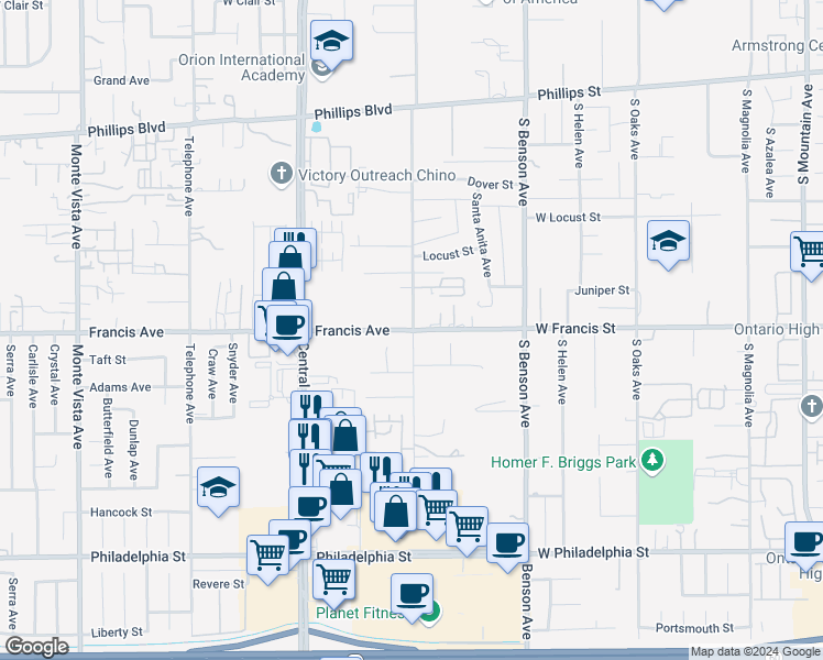 map of restaurants, bars, coffee shops, grocery stores, and more near 4203 Francis Avenue in Chino