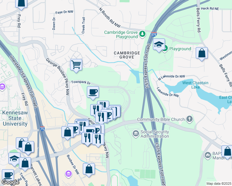 map of restaurants, bars, coffee shops, grocery stores, and more near 175 Townpark Drive in Kennesaw