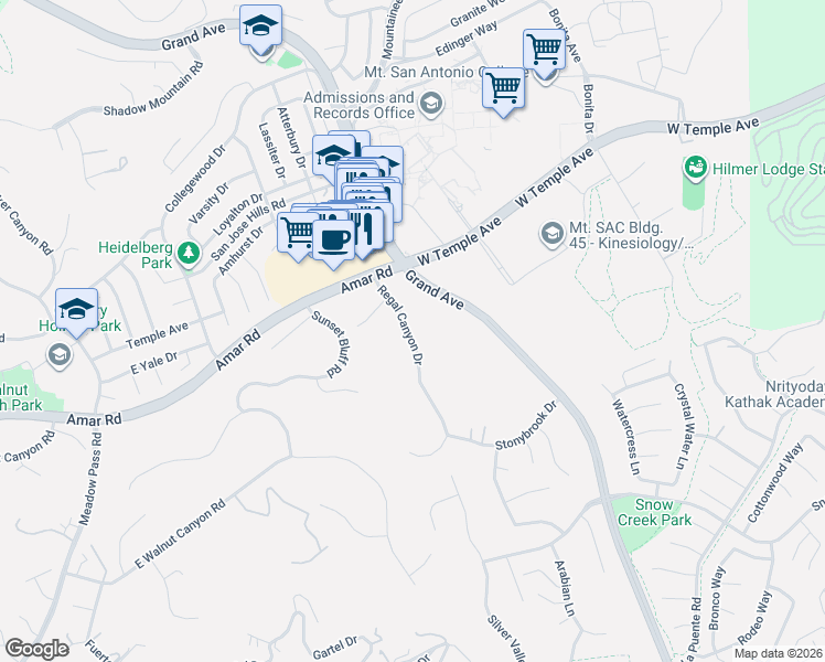 map of restaurants, bars, coffee shops, grocery stores, and more near 1140 Regal Canyon Drive in Walnut
