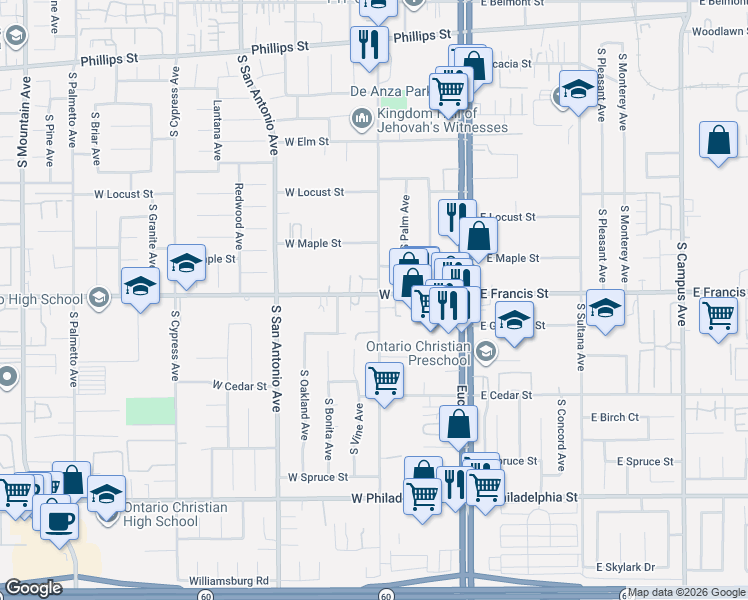 map of restaurants, bars, coffee shops, grocery stores, and more near 403 West Francis Street in Ontario
