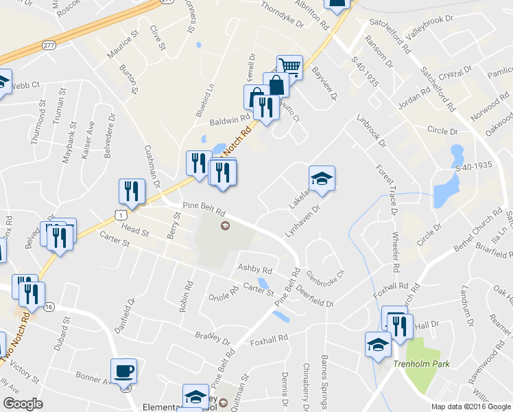 map of restaurants, bars, coffee shops, grocery stores, and more near 1525 Woodmont Drive in Columbia