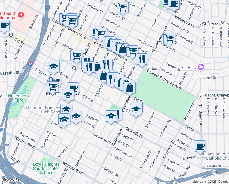 map of restaurants, bars, coffee shops, grocery stores, and more near 2820 East 1st Street in Los Angeles