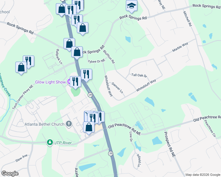 map of restaurants, bars, coffee shops, grocery stores, and more near 2454 Danver Lane in Buford