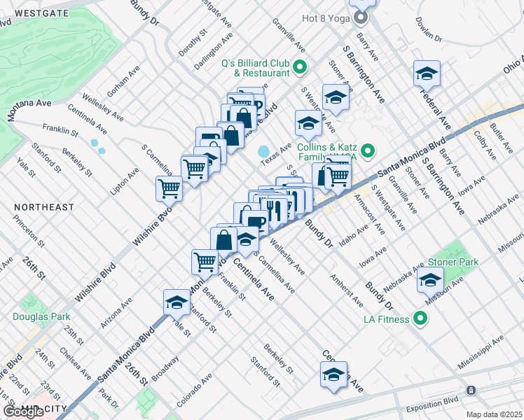 map of restaurants, bars, coffee shops, grocery stores, and more near 1405 Amherst Avenue in Los Angeles