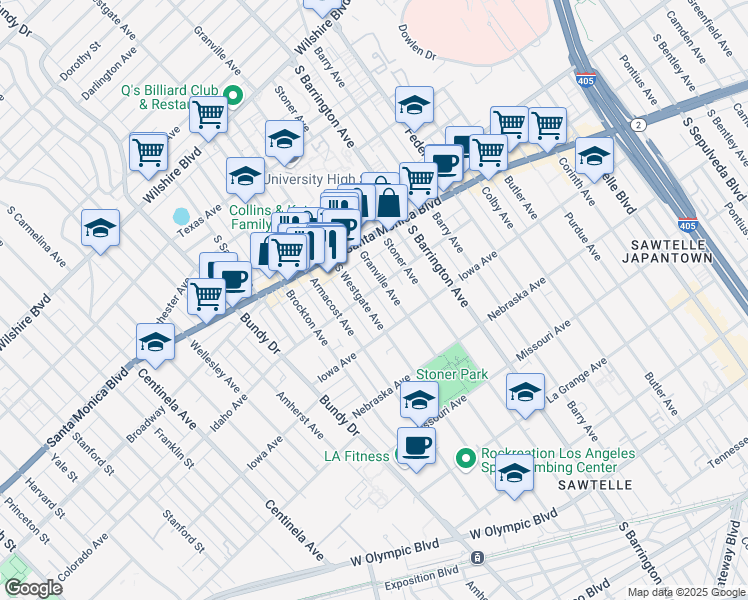 map of restaurants, bars, coffee shops, grocery stores, and more near 1600 South Westgate Avenue in Los Angeles