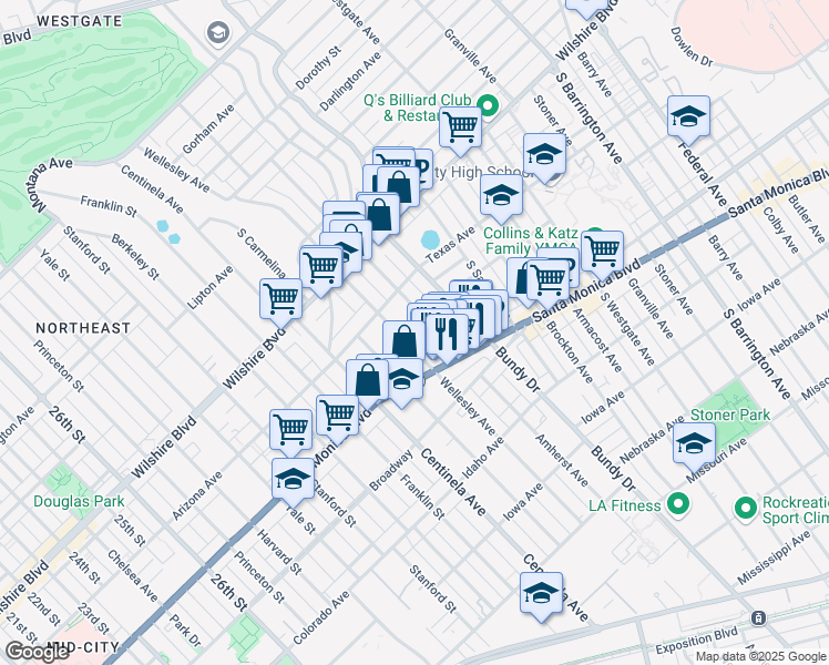 map of restaurants, bars, coffee shops, grocery stores, and more near 12217 Rochester Avenue in Los Angeles