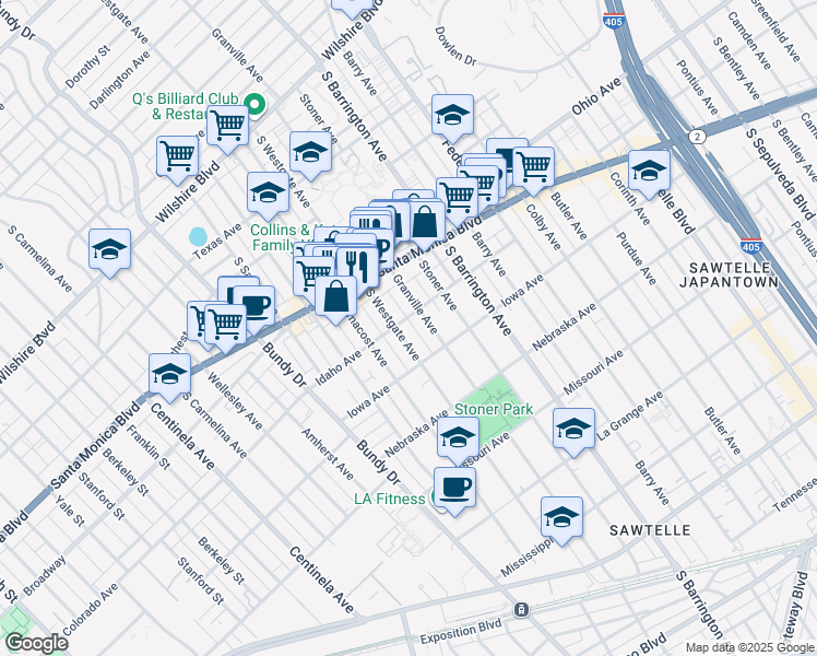 map of restaurants, bars, coffee shops, grocery stores, and more near 1600 South Westgate Avenue in Los Angeles