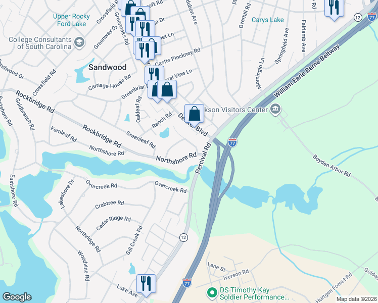 map of restaurants, bars, coffee shops, grocery stores, and more near 3417 Northshore Road in Columbia